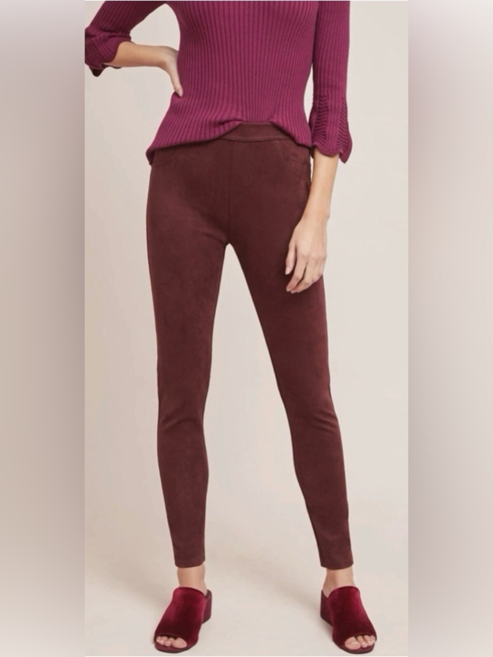 Sanctuary x Anthropologie Suede Leggings XS Burgundy Velvet Pull On Jeggings